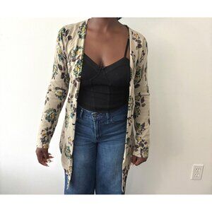 Garnet Hill Cardigan Size Large Merino Wool Boho Chic Floral Open Front Sweater